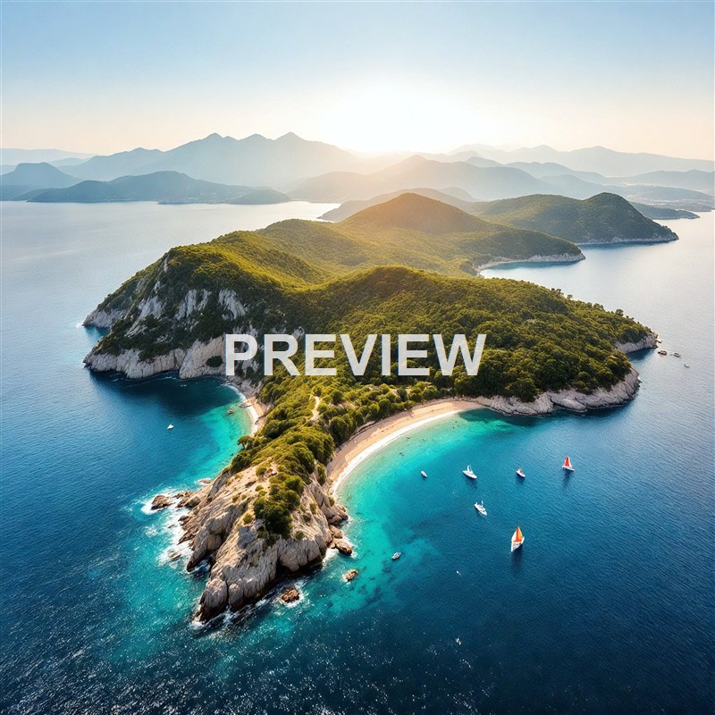 An aerial view of a lush green island with white sandy beaches surrounded by clear blue waters and several sailboats, with mountains in the background under a bright sky.